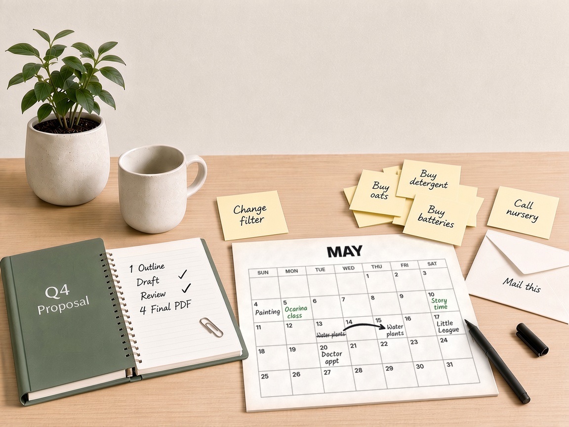 Desk with open Q4 Proposal notebook, May calendar, sticky notes, plant, mug, and envelope.