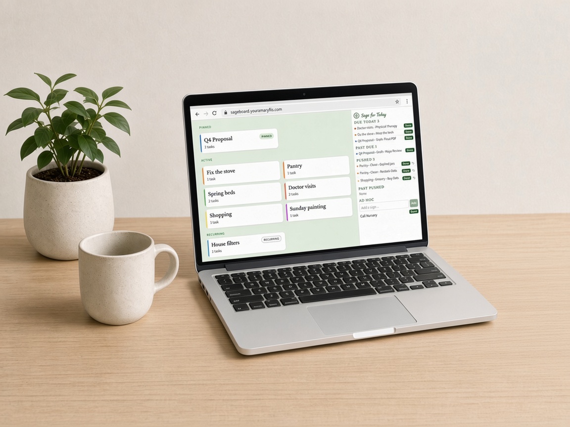 Laptop on a desk showing Sageboard with pinned and active projects and the Sage for Today panel; plant and mug beside it.